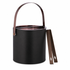 Black | leatherette ice bucket with oil-rubbed bronze metal handle and tongs on a white background