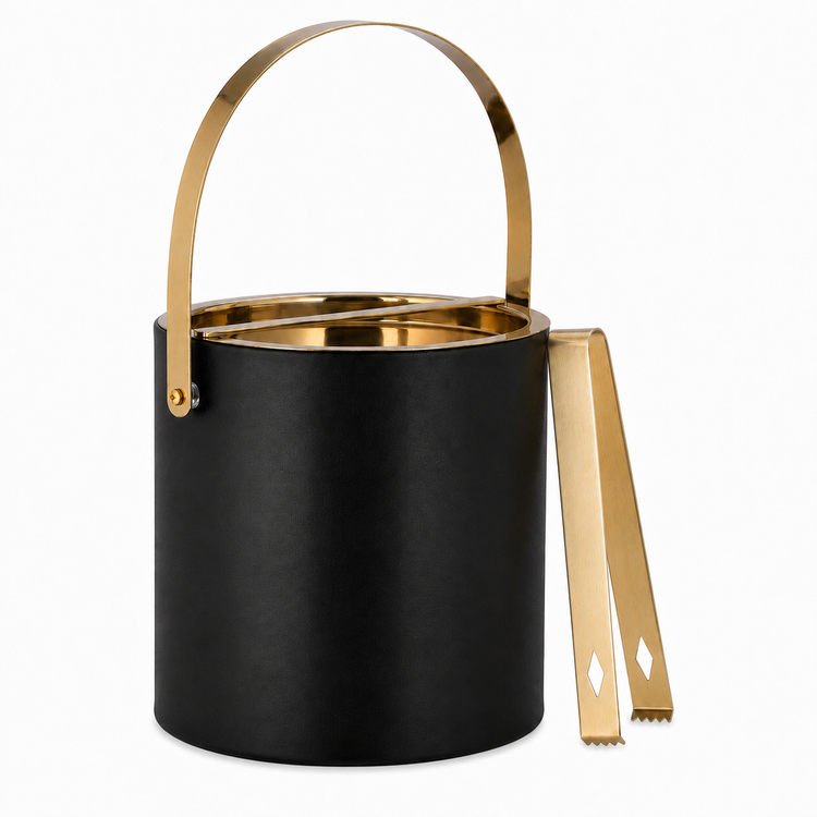 Black | ice bucket with gold handle and tongs on a white background