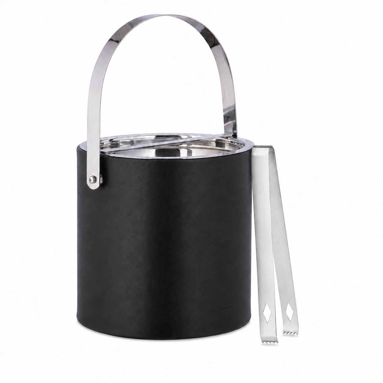 Black | ice bucket with polished chrome accents and handle, accompanied by a pair of tongs on a white background.
