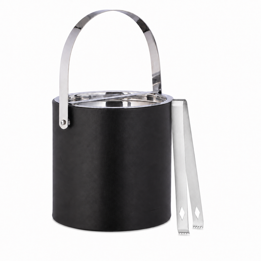 Black | ice bucket with polished chrome accents and handle, accompanied by a pair of tongs on a white background.
