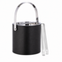 Black | ice bucket with polished chrome accents and handle, accompanied by a pair of tongs on a white background.