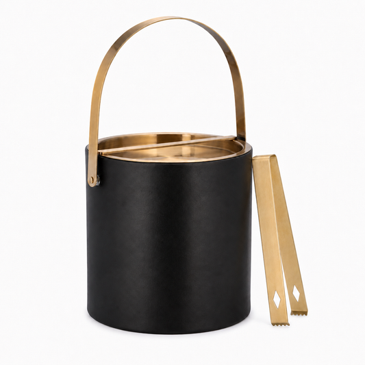 Black | ice bucket with gold handle and tongs on a white background