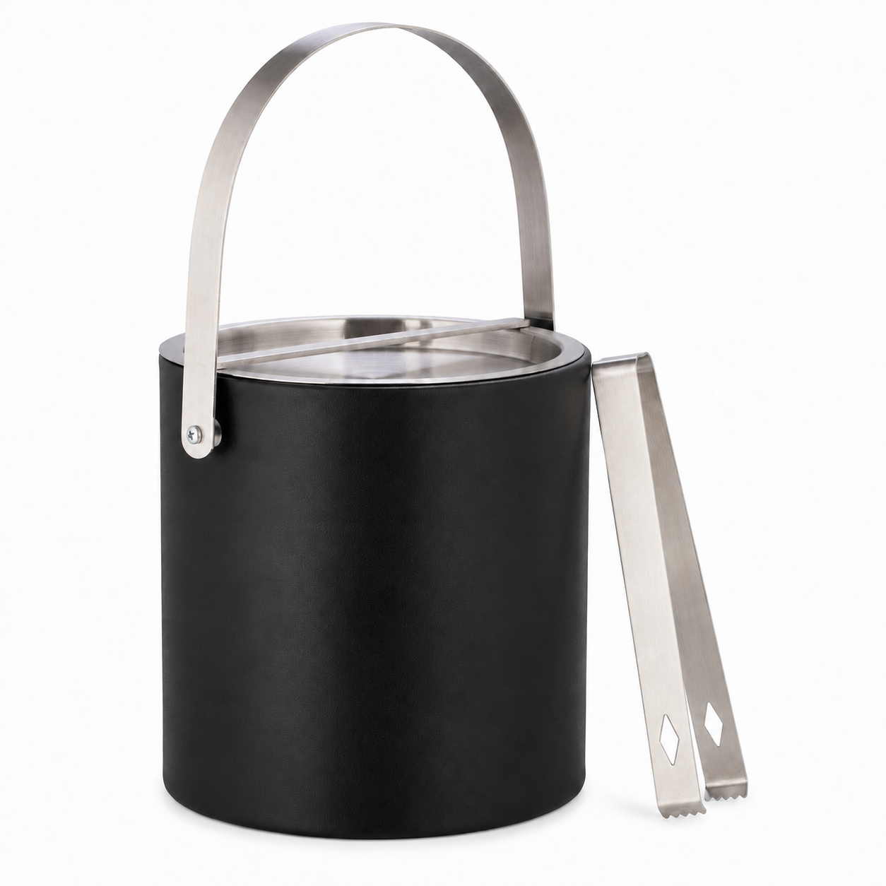 Black | ice bucket with brushed chrome handle and tongs on a white background