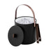 Black | front view of leatherette ice bucket and matching tongs, complete with oil-rubbed bronze knob and handle.