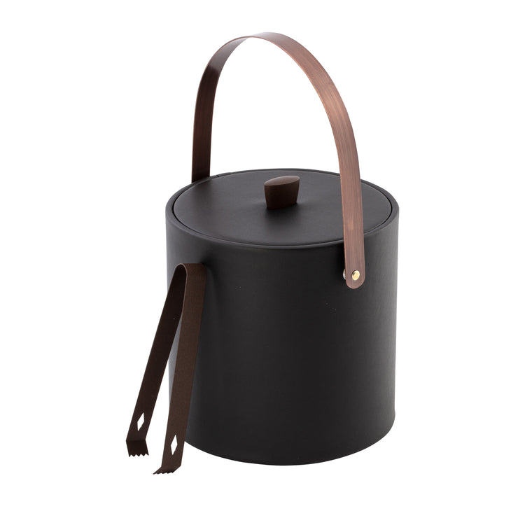 Black | Ice bucket with hand sewn leatherette, matching lid and bronze arc knob and arch handle, shown with tongs.