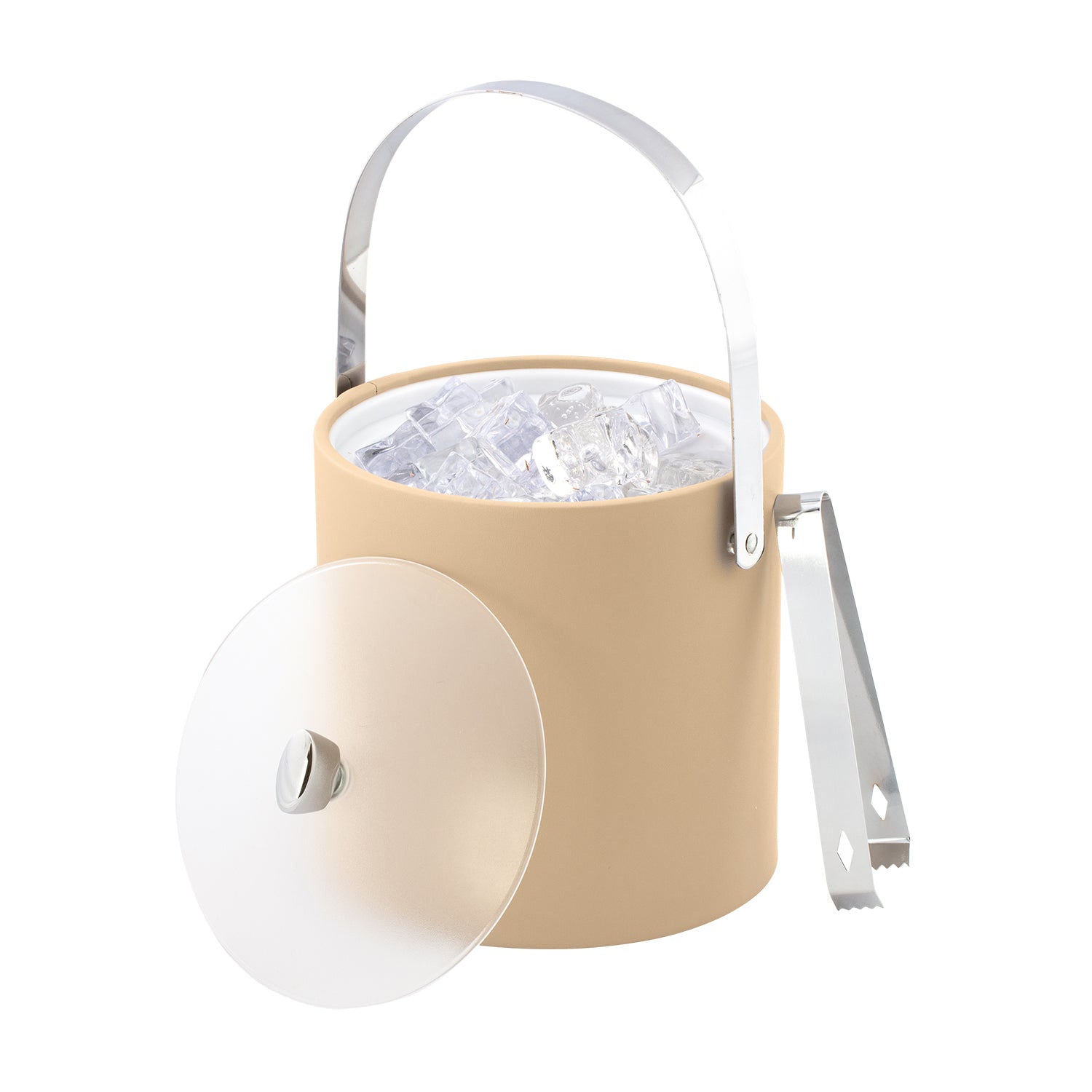 Beige | Modern ice bucket with arch handle, acrylic cover, and tongs, styled for entertaining.