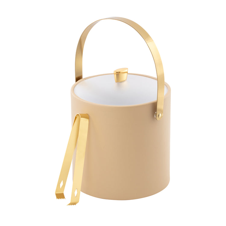 Beige | Close-up 3QT ice bucket with gold arch handle, acrylic cover and polished gold arch handle and arc knob.