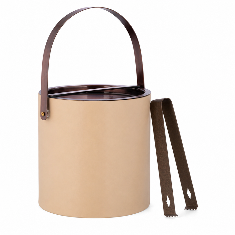 Beige | Faux leather ice bucket with oil rubbed bronze metal handle and tongs on a white background
