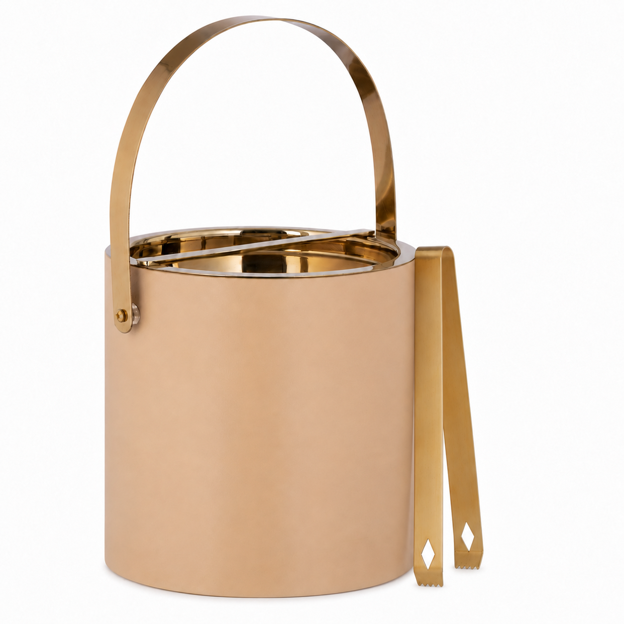 Beige | ice bucket with handle and tong on a white background