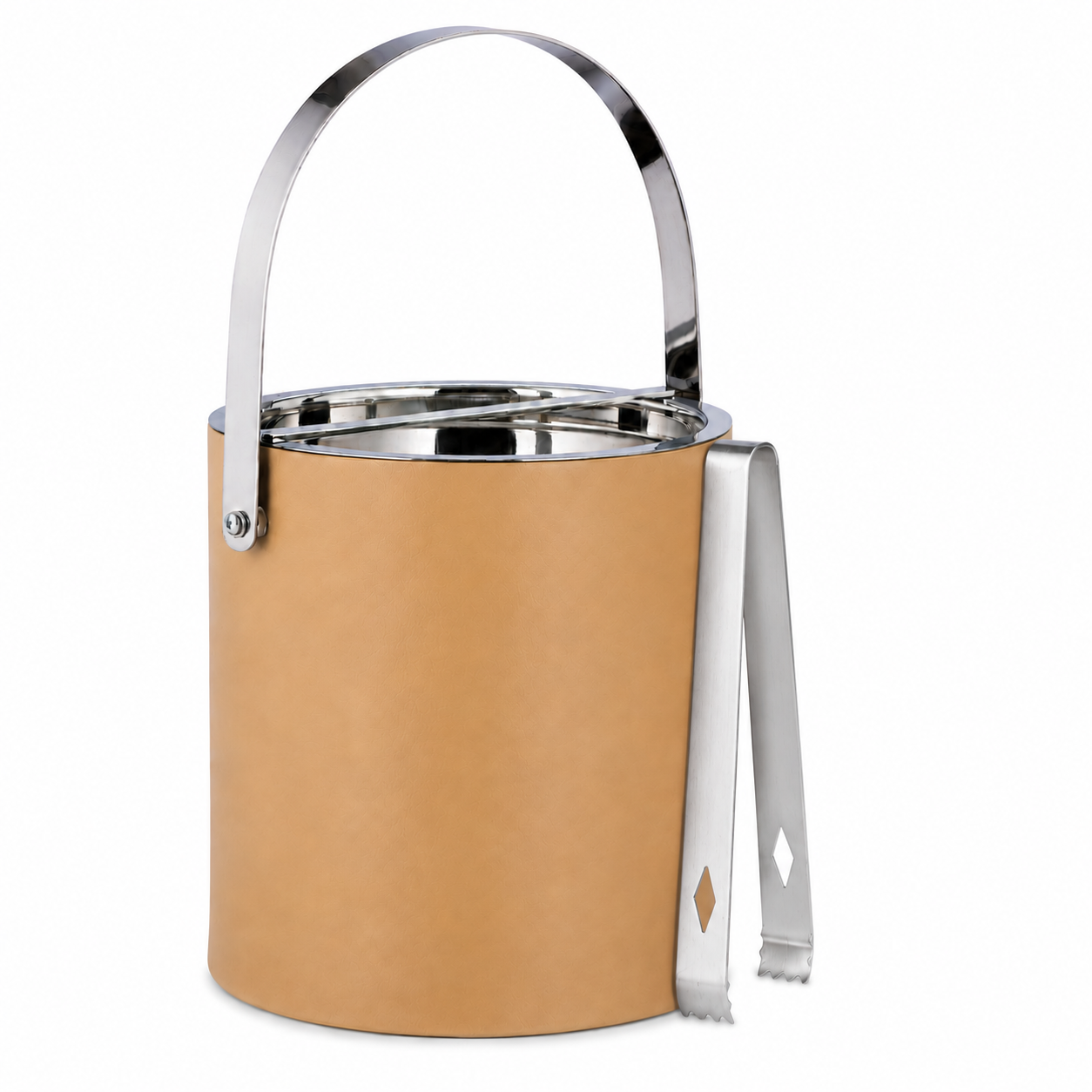 Beige | ice bucket with polished chrome handle and tongs on a white background