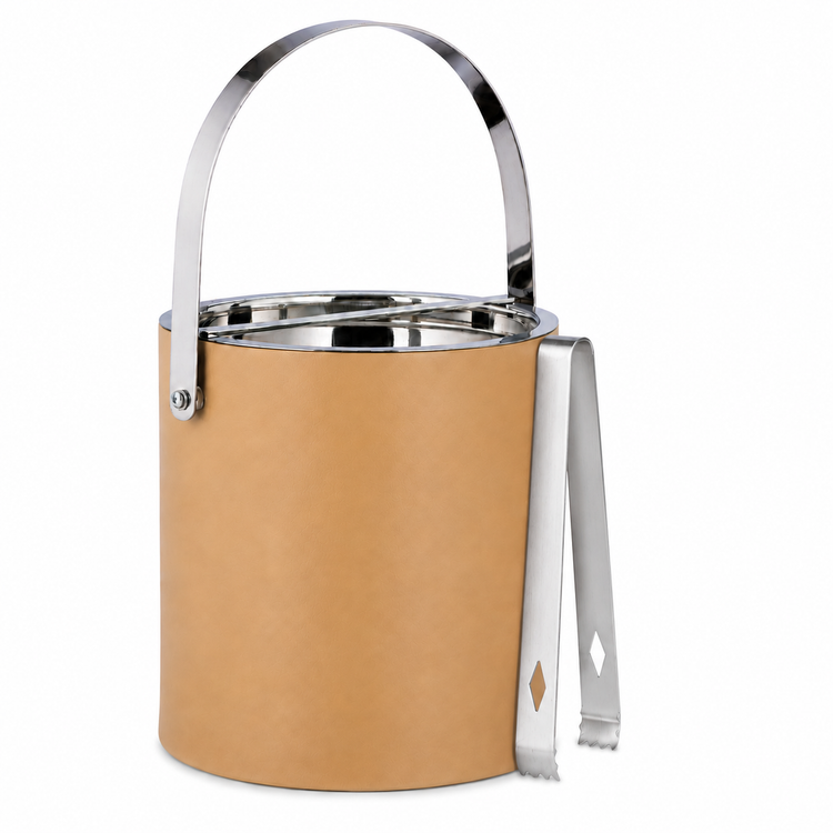 Beige | ice bucket with polished chrome handle and tongs on a white background