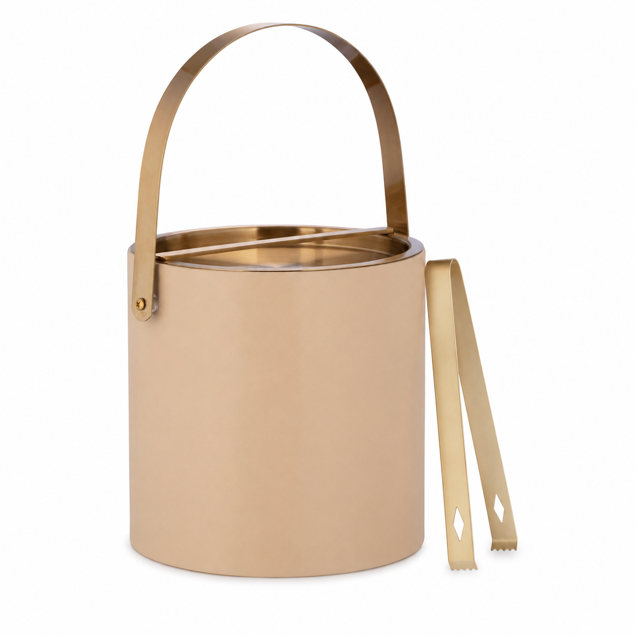 Beige | ice bucket with handle and tongs on a white background