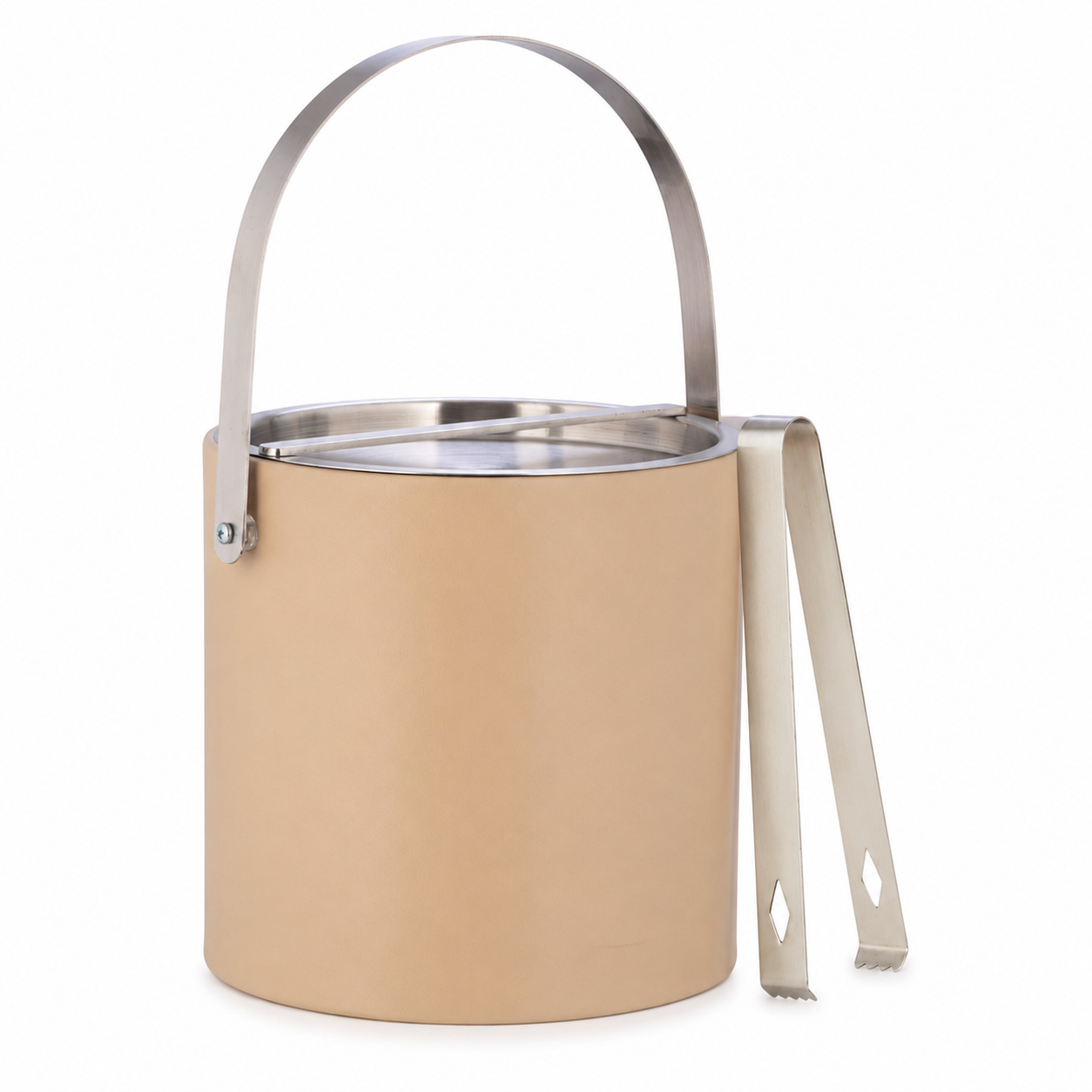Beige | leatherette ice bucket with a lid and handle on a white background