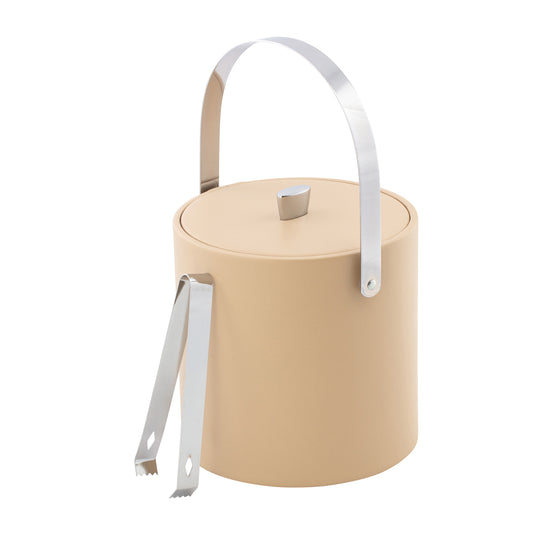 Beige | cylindrical ice bucket with a chrome handle and tongs on a white background