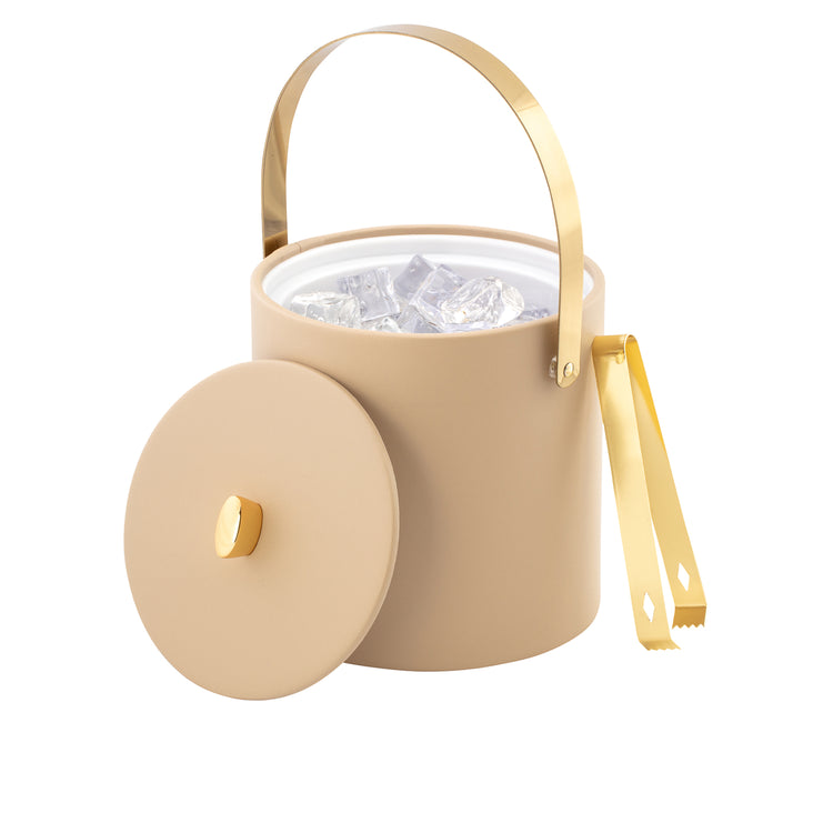 Beige | ice bucket with gold handle and lid on a white background