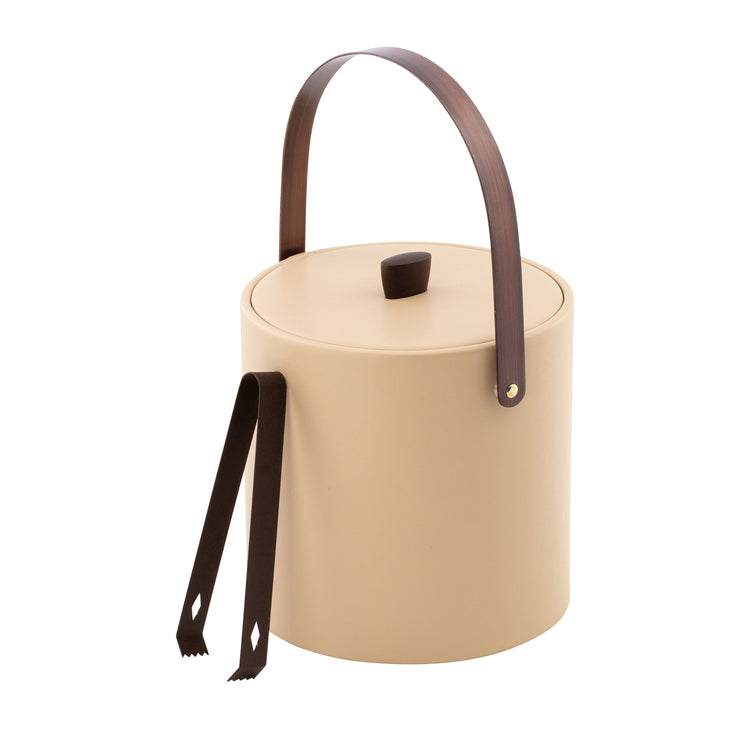 Beige | Side view of leatherette ice bucket and matching tongs set with dark bronze details, styled on a clean white background.