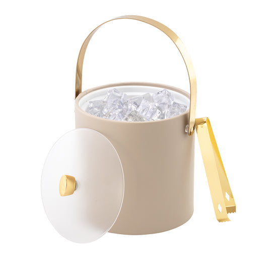 Taupe | 3QT premium ice bucket with acrylic cover, gold arc-shaped knob and arch handle for elegant serving.