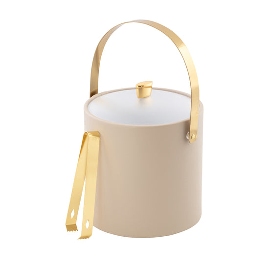 Taupe | 3QT leatherette ice bucket with polished gold ice tongs designed with a frosted acrylic cover and gold arc knob and matching arch handle.