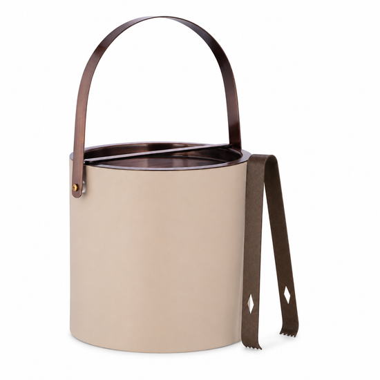 Taupe | leatherette ice bucket with a brown metal handle on a white background