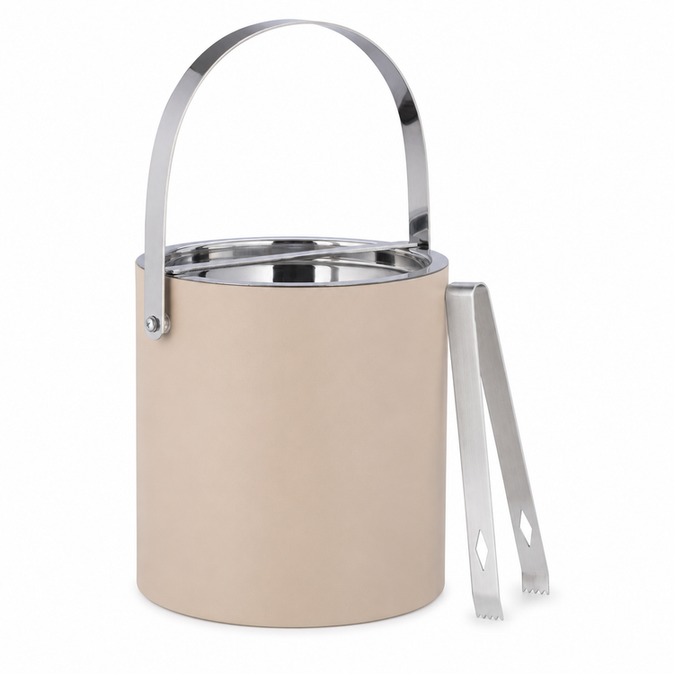 Taupe | ice bucket with polished chrome handle and tongs on a white background