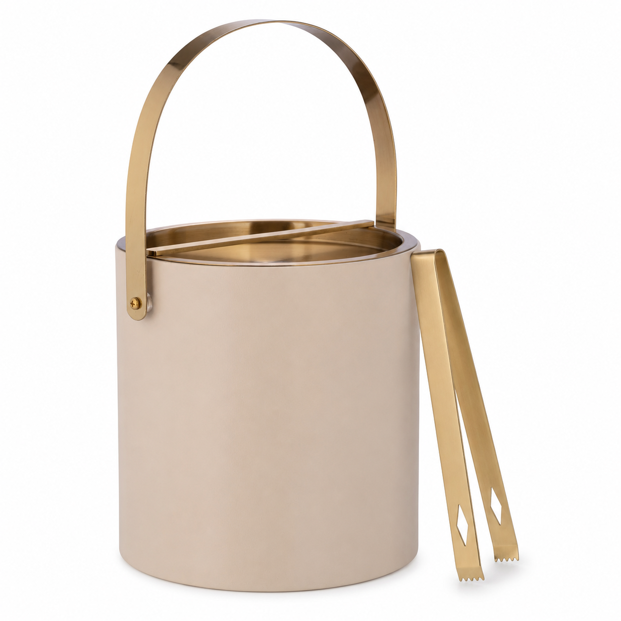 Taupe | ice bucket with gold handle and tongs on a white background