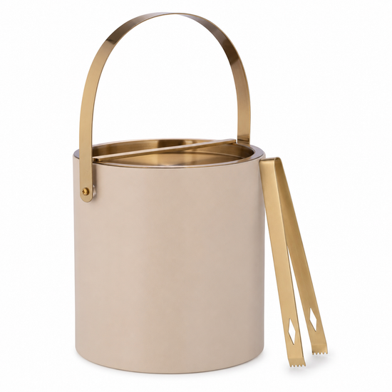 Taupe | ice bucket with gold handle and tongs on a white background