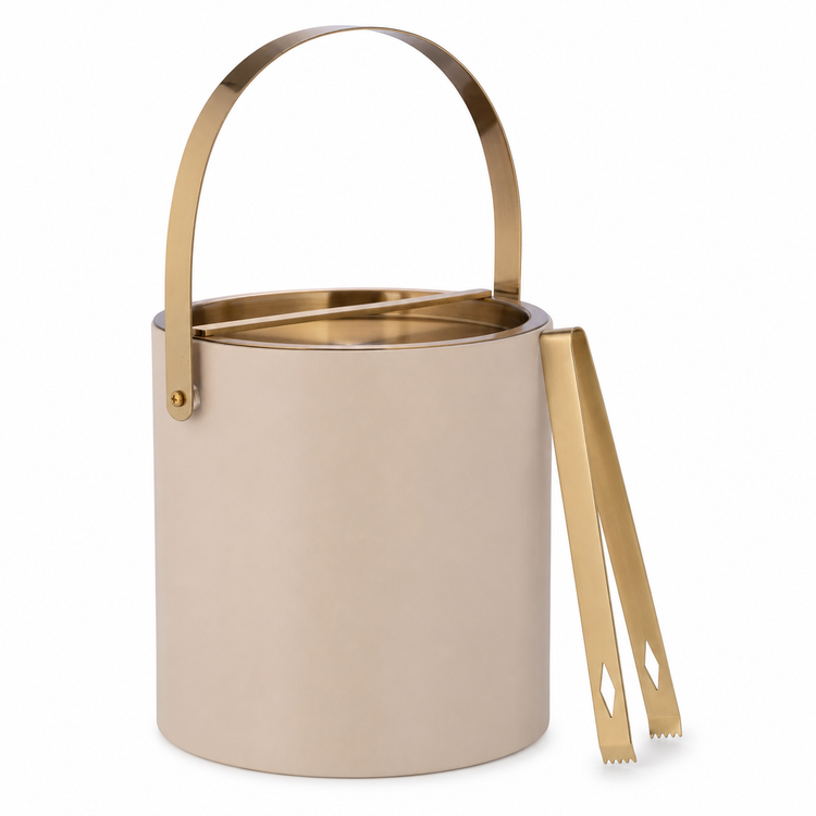 Taupe | ice bucket with gold handle and tongs on a white background