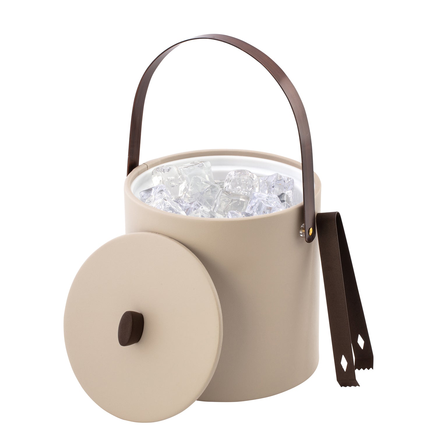 Taupe | close up of 3qt leatherette ice bucket lid with oil rubbed bronze arc knob, arch handle, and matching tongs on white surface.