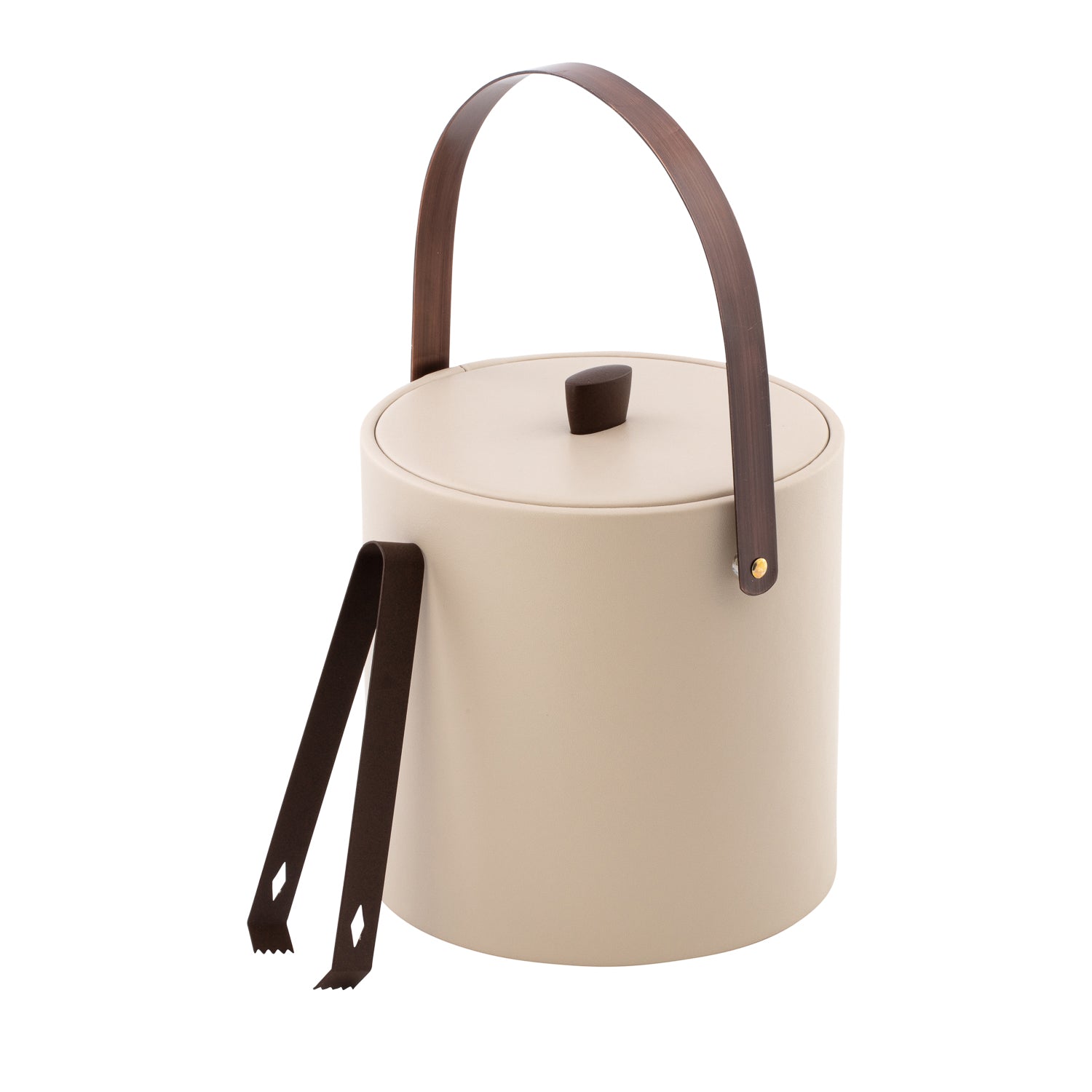 Taupe | Stylish ice bucket for bar featuring leatherette wrapped exterior with matching tongs and bronze hardware.