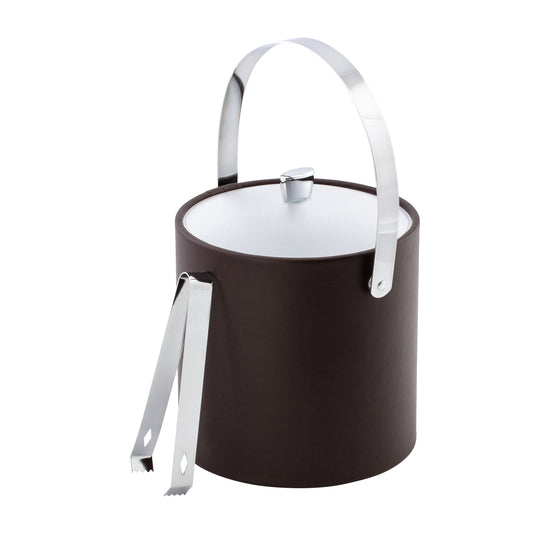 Chocolate | Stylish ice bucket with arching handle and frosted acrylic cover, paired with metal tongs.