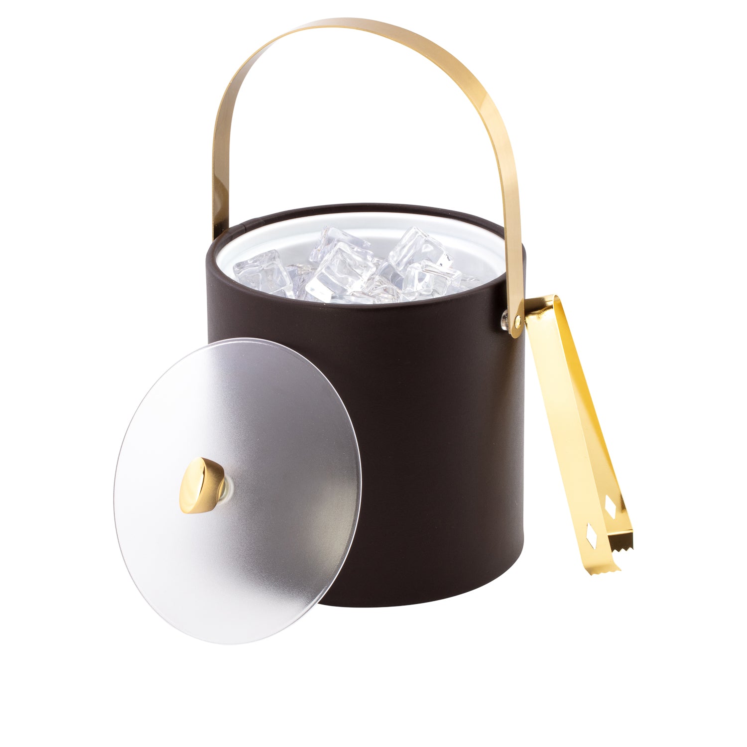 Chocolate | 3QT ice bucket and tongs set with polished gold finishes and acrylic cover, ideal for home bars.