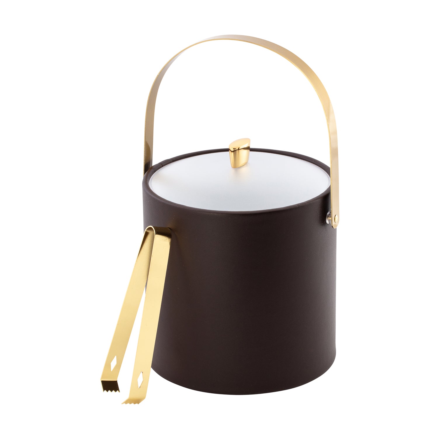 Chocolate | Stylish 3QT ice bucket with polished gold handle and lid details, paired with coordinating gold ice tongs.