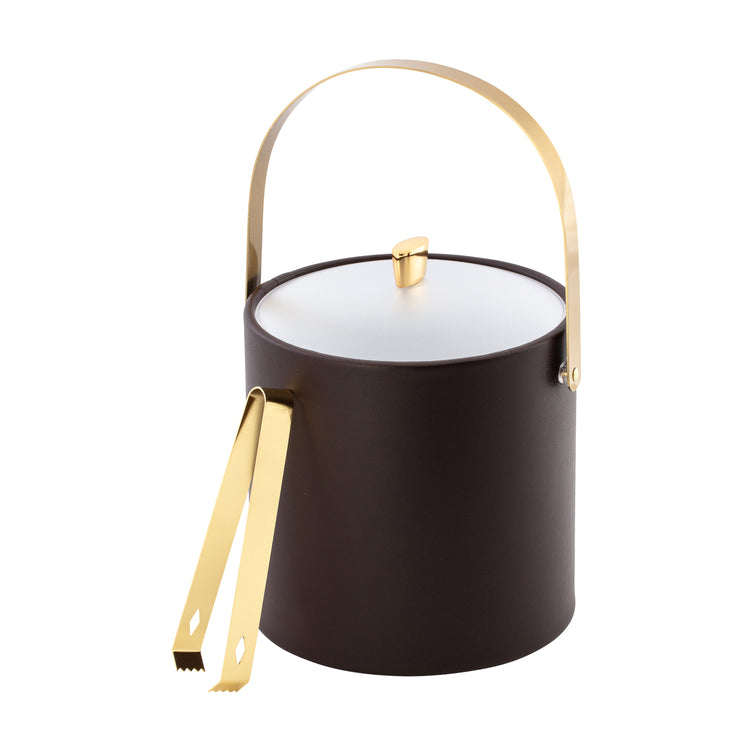 Chocolate | Stylish 3QT ice bucket with polished gold handle and lid details, paired with coordinating gold ice tongs.