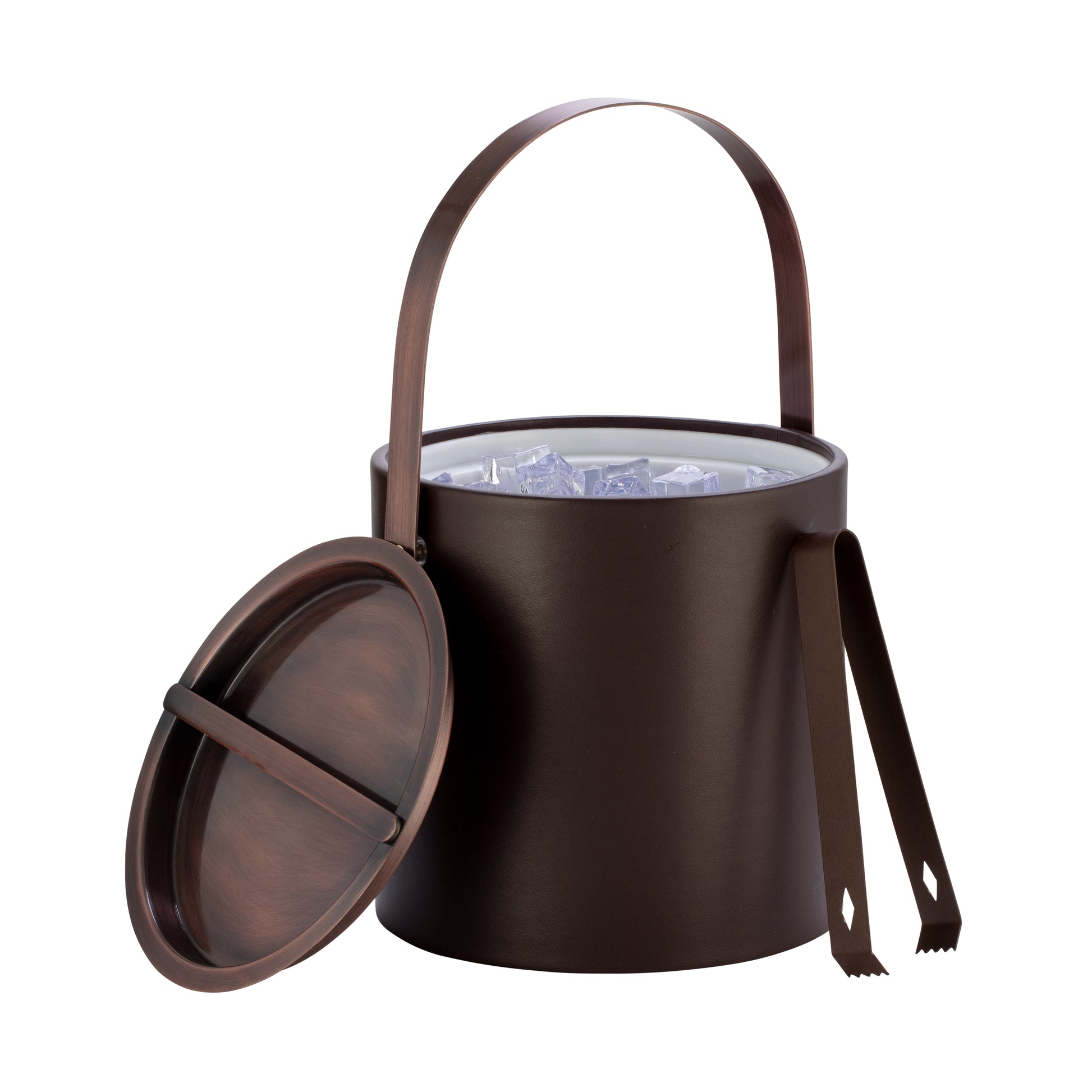 Chocolate | Leatherette ice bucket with lid and tongs on a white background
