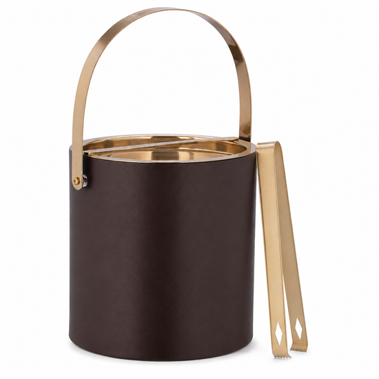 Chocolate | leatherette ice bucket with gold handle and tongs on a white background