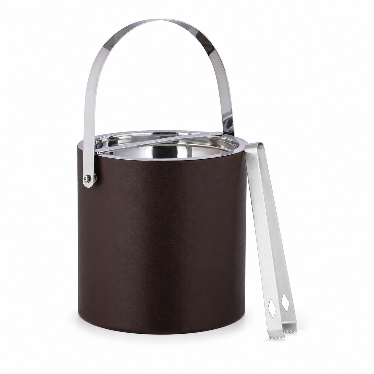 Chocolate | ice bucket with polished chrome handle and tongs on a white background