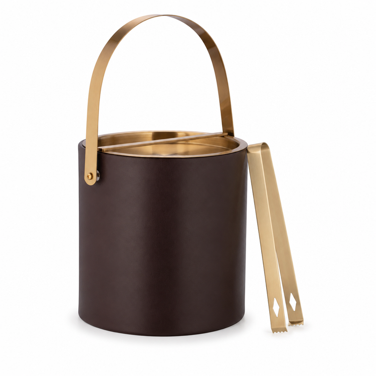 Chocolate | ice bucket with gold handle and tongs on a white background