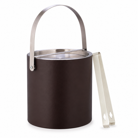 Chocolate | ice bucket with silver handle and tongs on a white background