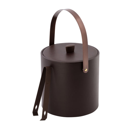 Chocolate | Side angle of ice bucket and tongs with oil-rubbed bronze accents and rich leatherette wrap, photographed on white background.