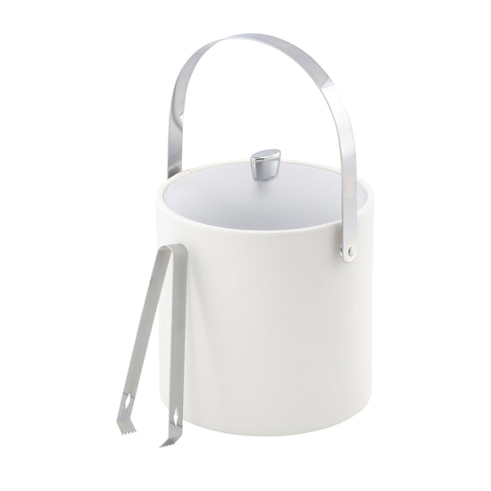 White | 3QT ice bucket with polished chrome decorative arc knob, arch handle and tongs for entertaining.