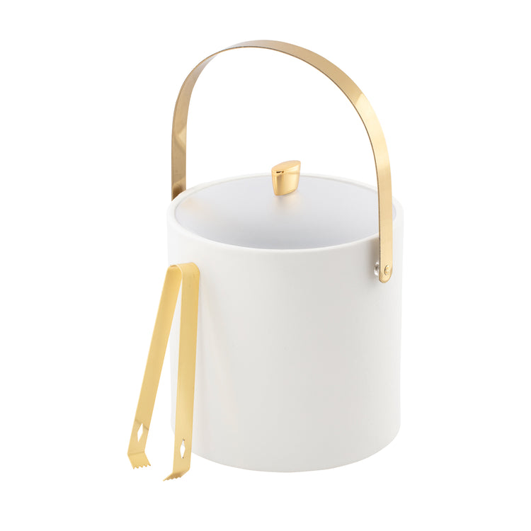 White | Contemporary 3QT ice bucket with polished gold accents including gold arch handle, arc knob, and matching tongs.