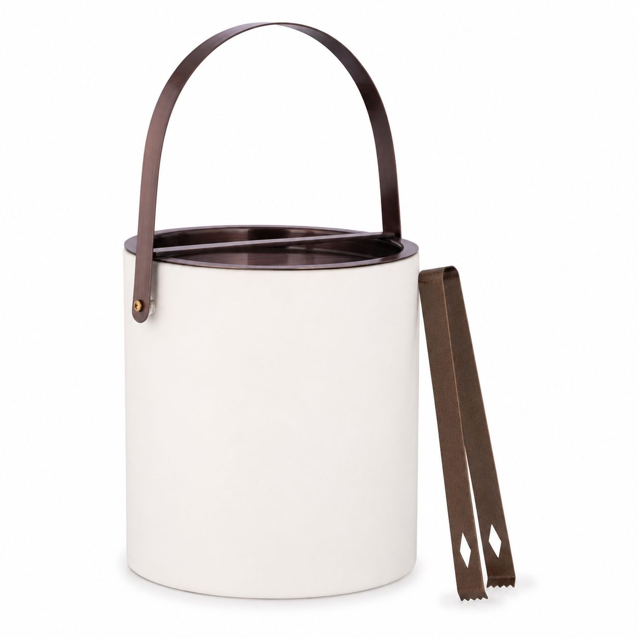 White | ice bucket with a brown oil rubbed bronze metal handle and tongs on a white background
