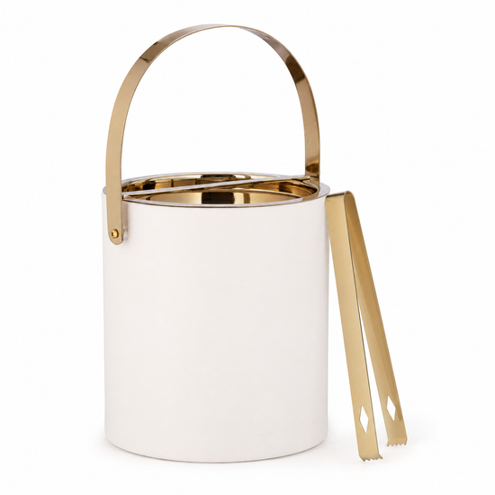 White | ice bucket with gold handle and tongs on a white background