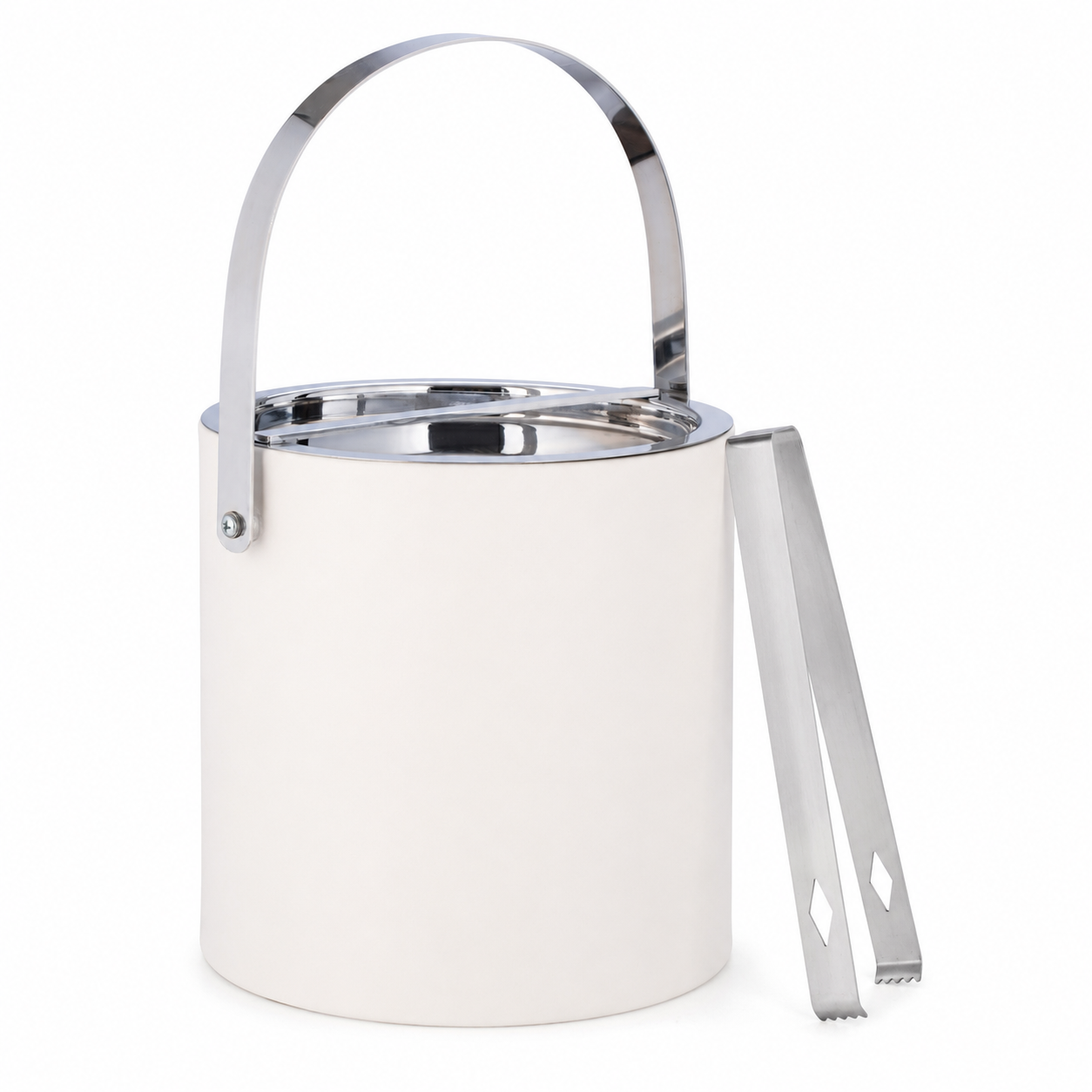 White | ice bucket with polished chrome handle and tongs on a white background