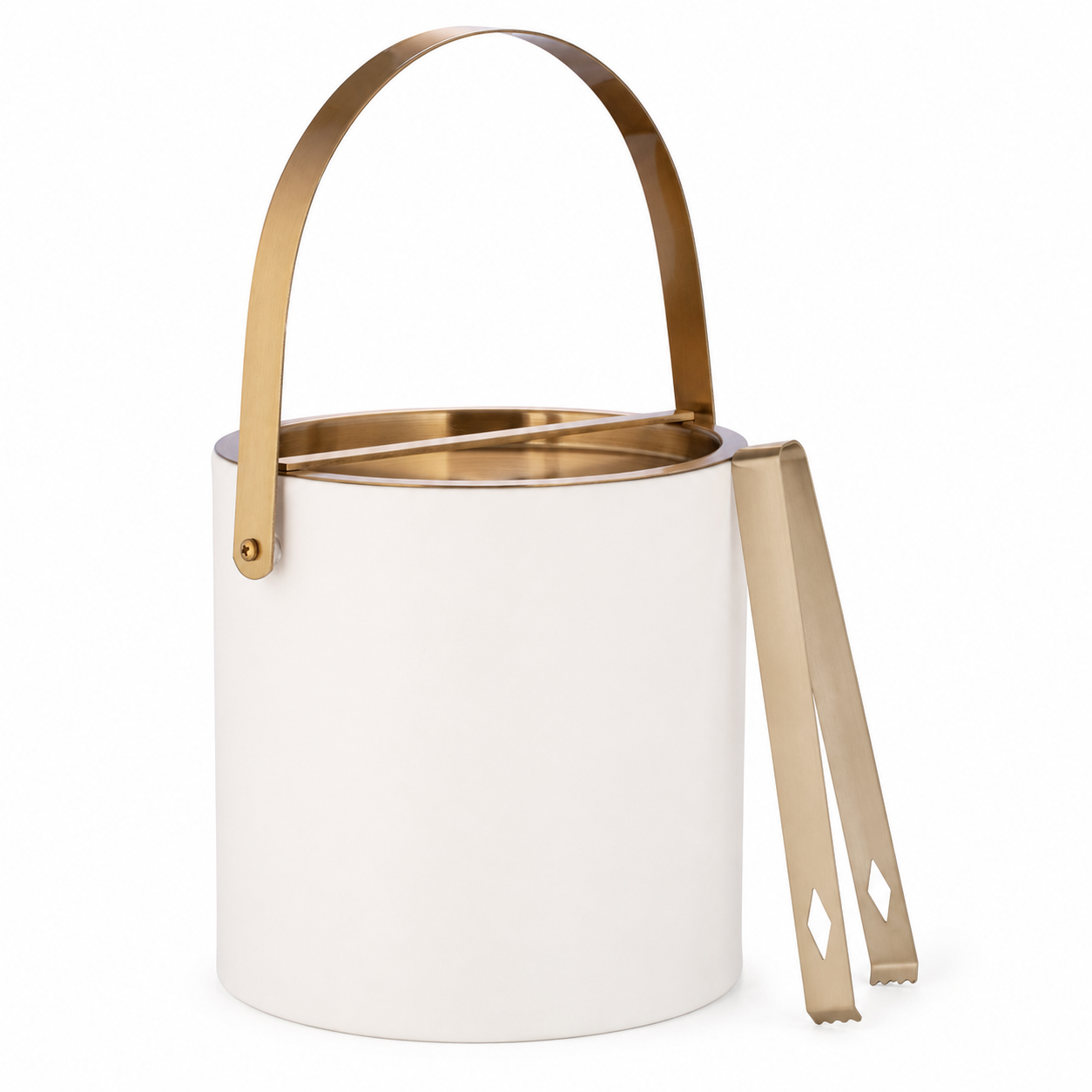 White | ice bucket with gold handle and tongs on a white background
