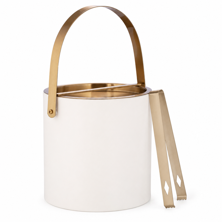 White | ice bucket with gold handle and tongs on a white background