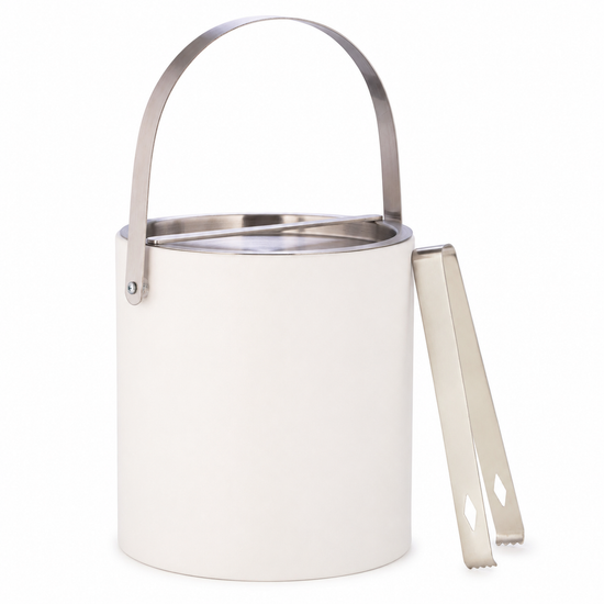 White | ice bucket with handle and tongs on a white background