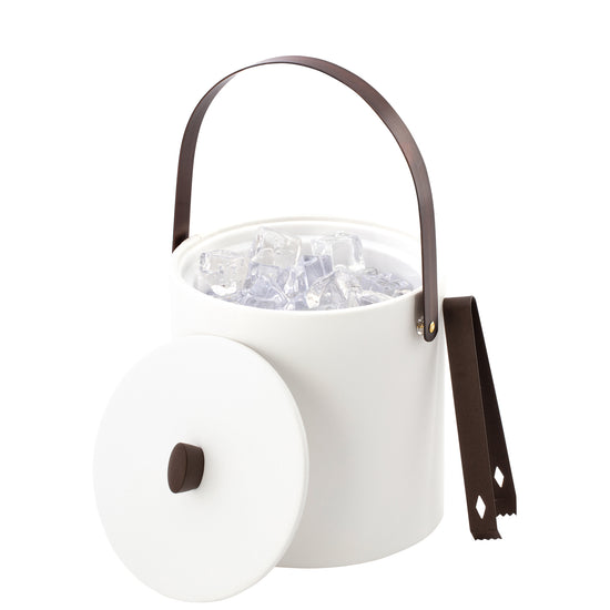 White | Leatherette wrapped ice bucket with matching lid, oil rubbed bronze arc knob and arch handle, paired with ice tongs on a white background.