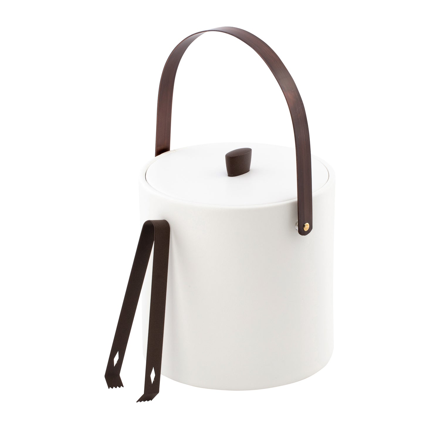 White | Ice bucket and tong set featuring leatherette finish and oil-rubbed bronze accents, displayed on a white backdrop.