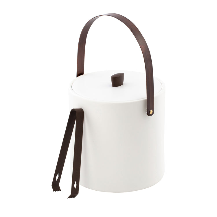 White | Ice bucket and tong set featuring leatherette finish and oil-rubbed bronze accents, displayed on a white backdrop.